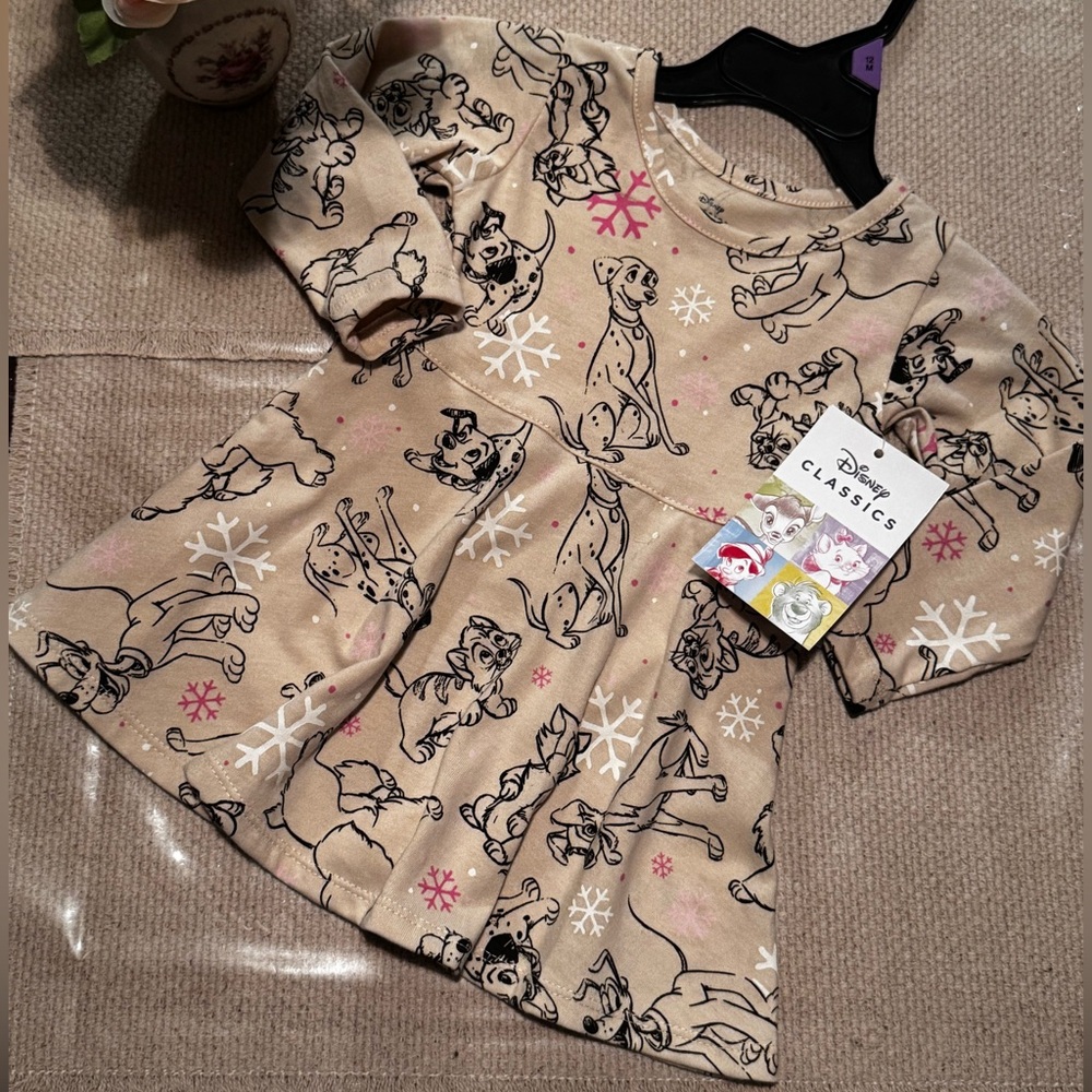 Girls Disney Classics Tan Dress with Dog and Snowflake Print